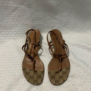 Authentic Gucci Brown Strappy Sandals with GG Monogram, Size 37 1/2 or 7.5